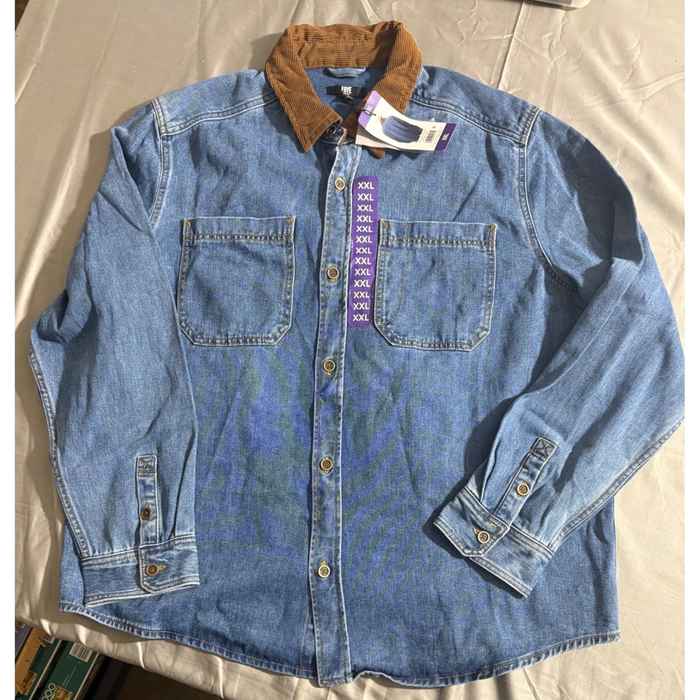 Frye Mens XXL Denim Shirt Jacket Blue Corduroy Collar Long Sleeve NWT
